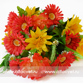 искусственные цветы букет ассорти (пион, георгина, гербера) цвета желтый с красным 20