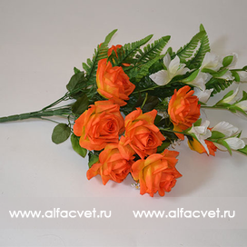 искусственные цветы букет роз с гладиолусом и папоротником цвета оранжевый 2