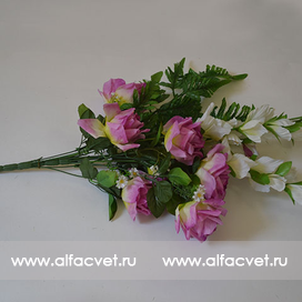 искусственные цветы букет роз с гладиолусом и папоротником цвета сиреневый 8