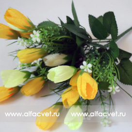 искусственные цветы букет тюльпанов с добавкой травка-ромашка цвета белый с желтым 36