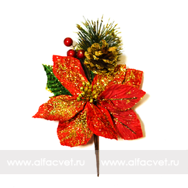 искусственные цветы веточка ели с ягодами, шишкой и пуансеттией цвета красный 4